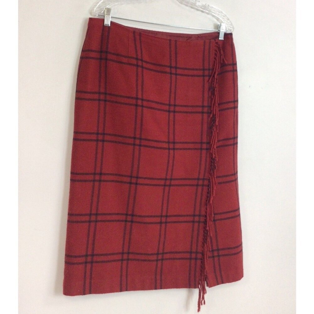 Red Plaid Wool Midi Skirt Fringe Detail Womens 12